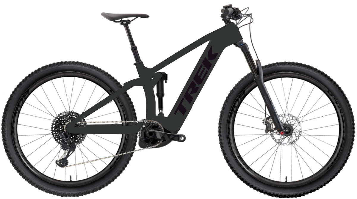 Rama aluminiowa roweru Trek z widocznym napędem elektrycznym i amortyzatorami