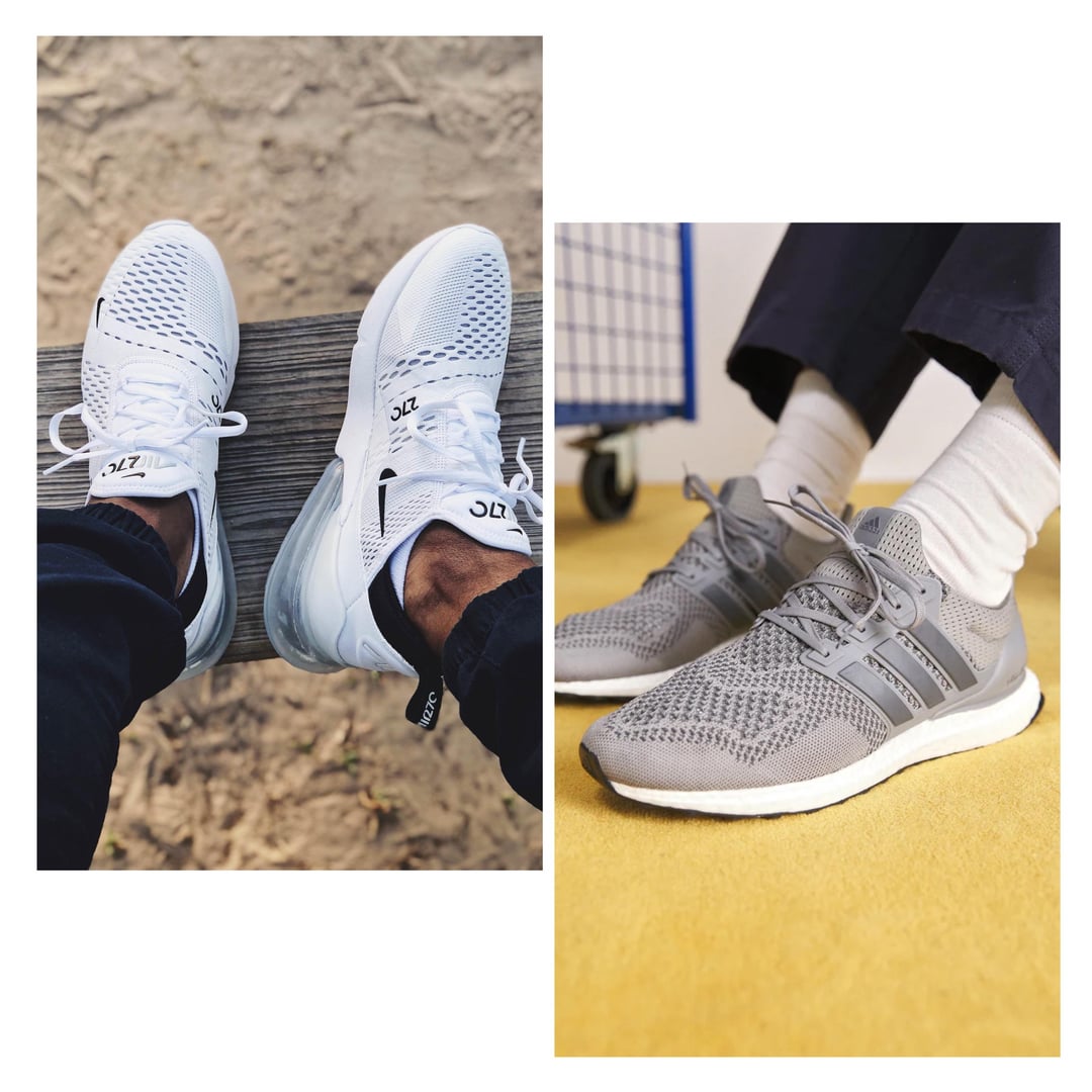 podeszwy Nike Air Max i Ultraboost obok siebie na ziemi