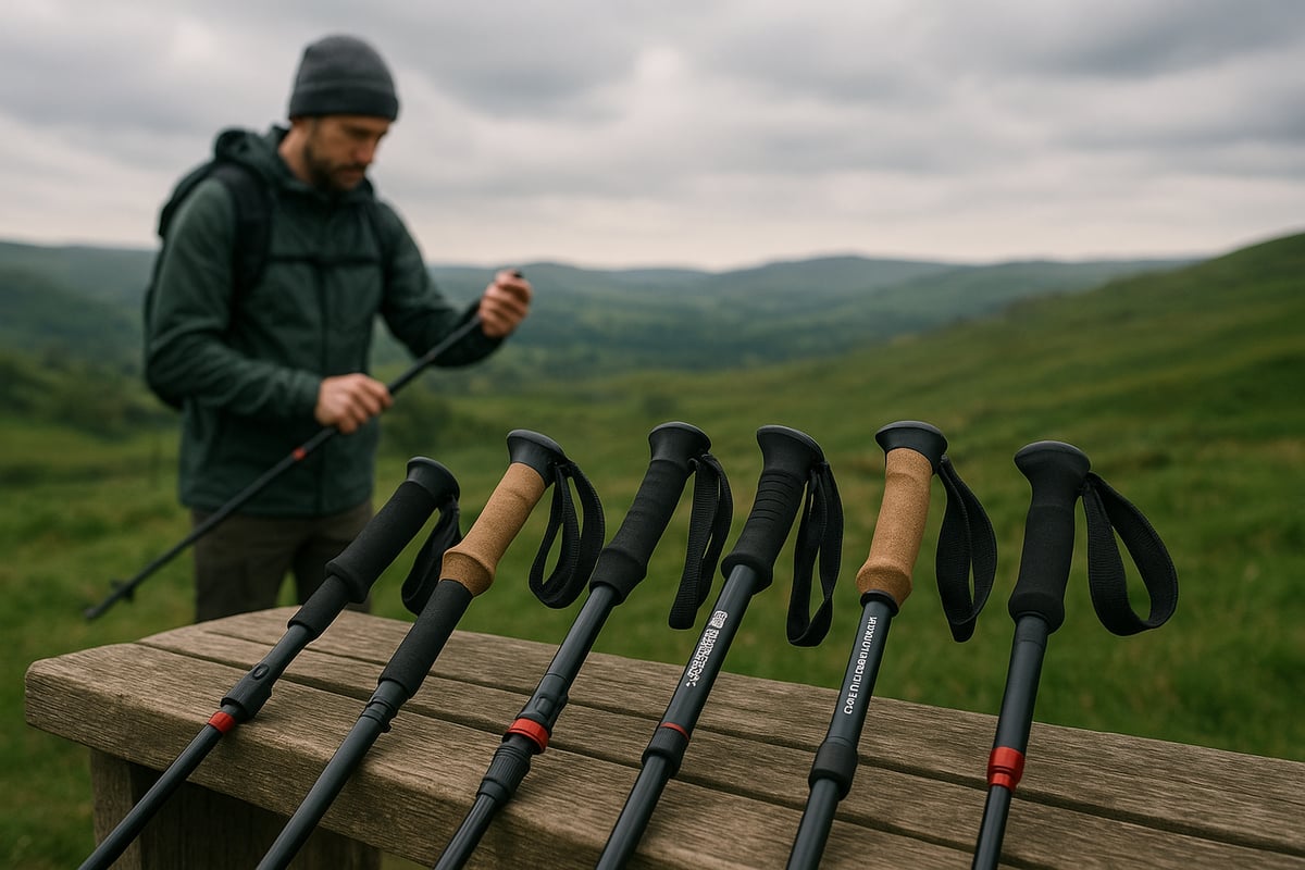 końcówki kijków z gumowymi talerzami wbite w miękką ziemię leśnego duktu