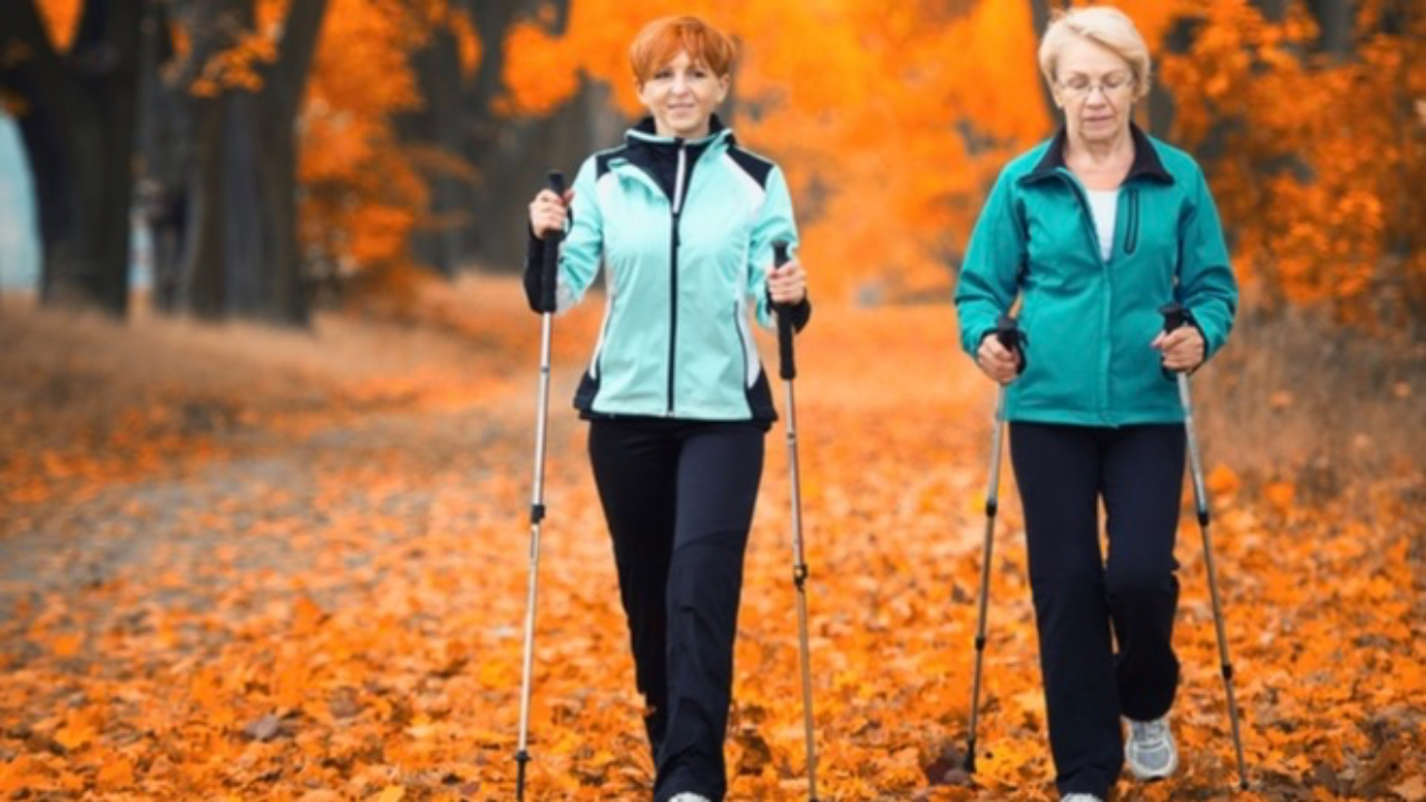 kobieta z przechylonym tułowiem do przodu w pełnym wykrocie z kijkami